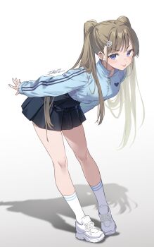  1girl :p black_skirt blonde_hair blue_eyes blue_jacket blush breasts commentary cross-laced_shoes full_body heart_hairclip highres ika_(4801055) jacket kneehighs leaning_forward long_hair long_sleeves looking_at_viewer medium_breasts miniskirt original pleated_skirt shoes side_part skirt sneakers socks solo standing symbol-only_commentary tongue tongue_out twintails very_long_hair white_shoes white_socks zipper zipper_pull_tab 