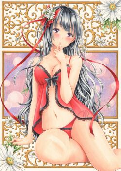  1girl absurdres arm_at_side arm_support babydoll black_hair bow bow_babydoll breasts collarbone commentary_request flower grey_eyes hair_flower hair_ornament hair_ribbon hand_up highres large_breasts lingerie long_hair marker_(medium) midori_(mira567) navel no_pants original panties partial_commentary red_babydoll red_panties red_ribbon ribbon see-through_babydoll see-through_clothes side-tie_panties sitting solo stomach traditional_media underwear variant_set wavy_hair white_flower 