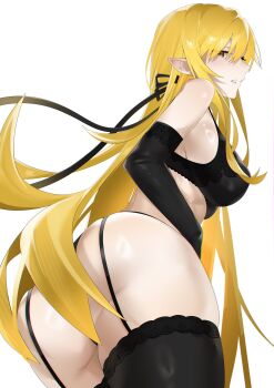 1girl arril100 black_bra black_gloves black_panties black_thighhighs blonde_hair bra commentary elbow_gloves garter_straps gloves highres kiss-shot_acerola-orion_heart-under-blade kizumonogatari long_hair looking_at_viewer monogatari_(series) open_mouth oshino_shinobu panties pointy_ears simple_background solo symbol-only_commentary thighhighs underwear white_background white_mouth yellow_eyes rating:Sensitive score:27 user:danbooru