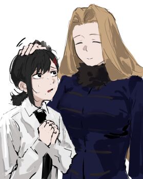  2girls black_necktie blonde_hair blue_coat chainsaw_man closed_eyes closed_mouth coat formal_clothes fur-trimmed_coat fur-trimmed_collar fur_collar fur_trim hair_ornament higashiyama_kobeni highres long_hair mature_female methode_(sousou_no_frieren) multiple_girls necktie open_mouth raberu_ruru simple_background sousou_no_frieren suit tall_female white_background 