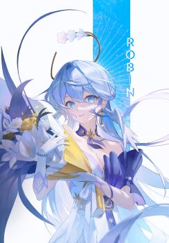  1girl absurdres aqua_hair bare_shoulders blue_eyes breasts character_name cleavage commentary dress earrings english_commentary feathered_wings flower gloves halo head_wings highres honkai:_star_rail honkai_(series) jewelry long_hair looking_at_viewer medium_breasts parted_lips penguinbutler robin_(honkai:_star_rail) single_earring smile solo strapless strapless_dress white_background white_dress white_flower white_gloves wings yellow_flower yellow_halo 