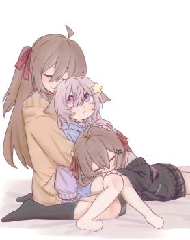  ahoge animal_ears annytf asymmetrical_legwear black_cardigan black_skirt black_socks black_thighhighs blue_hoodie blue_skirt broken_heart broken_heart_hair_ornament brown_hair cardigan closed_eyes closed_mouth conversion806f evil_neuro-sama fox_ears fox_girl full_body grey_hair hair_ornament hair_ribbon hashtag-only_commentary heart heterochromia highres hood hoodie hug indie_virtual_youtuber lap_pillow long_hair long_sleeves neuro-sama no_shoes off-shoulder_cardigan pleated_skirt purple_eyes purple_sweater red_ribbon ribbon seiza siblings simple_background single_sock single_thighhigh sisters sitting sitting_on_lap sitting_on_person skirt smile socks star_(symbol) star_hair_ornament sweater thighhighs twins uneven_legwear vedal_ai virtual_youtuber white_background white_thighhighs yellow_cardigan 