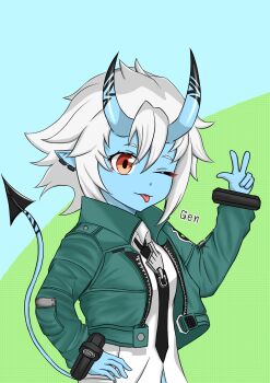  1girl bangboo_(zenless_zone_zero) black_necktie blue_horns blue_oni blue_skin blue_tail colored_skin earrings green_jacket hands_on_own_hips highres horns hourglass_earrings jacket jewelry kanata_genma looking_at_viewer multicolored_horns necktie oni pointy_ears red_eyes shirt short_hair skin-covered_horns smile soukaku_(zenless_zone_zero) tail tongue tongue_out two-tone_horns two-tone_tail white_hair zenless_zone_zero 