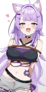  00s1g00 1girl :3 :d absurdres ahoge animal_ear_fluff animal_ears arms_behind_back bandaid_on_hip belt black_belt black_bra black_choker blunt_bangs blush bra bra_over_clothes breasts camisole cat_ears cat_girl cat_tail choker cleavage criss-cross_halter drooling grey_shorts halterneck hashtag-only_commentary highres hololive large_breasts long_hair looking_at_viewer mouth_drool navel nekomata_okayu nekomata_okayu_(gyaru) o-ring o-ring_choker official_alternate_costume official_alternate_hair_length official_alternate_hairstyle open_fly open_mouth pantyhose purple_eyes purple_hair purple_pantyhose shibari short_shorts shorts simple_background single_leg_pantyhose smile solo stomach tail torn_camisole torn_clothes torn_shorts underwear very_long_hair virtual_youtuber white_background 