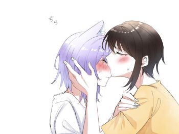  2girls animal_ears black_hair cat_ears cat_girl cat_tail closed_eyes commentary_request hand_on_another's_face hand_on_another's_shoulder hololive kiss kissing_cheek multiple_girls nekomata_okayu oozora_subaru par_42217 purple_hair shirt short_hair simple_background tail tears virtual_youtuber white_background white_shirt yellow_shirt yuri 