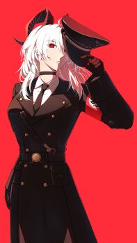  1girl absurdres alternate_costume armband belt belt_buckle black_coat black_gloves black_hat black_horns black_necktie breasts buckle buttons choker coat collar_tabs collared_shirt commentary cowboy_shot curled_horns double-breasted english_commentary gloves grey_hair hair_between_eyes hat highres holding holding_unworn_clothes holding_unworn_hat horns jacket lapels large_breasts long_hair long_sleeves looking_at_viewer military_dress_uniform military_uniform nazi necktie open_mouth peaked_cap red_background red_eyes red_theme reichsadler shirt solo standing teeth totenkopf trench_coat unworn_hat unworn_headwear white_shirt wuthering_waves xuwasoo zani_(wuthering_waves) 
