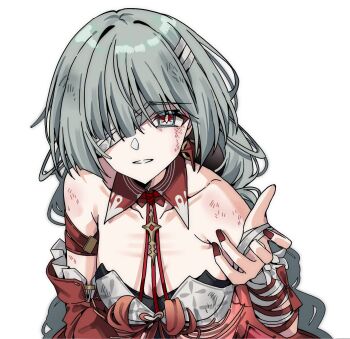  1girl bandage_over_one_eye bandaged_arm bandages bare_shoulders commentary_request grey_eyes grey_hair halterneck hand_up highres long_hair looking_at_viewer multiple_girls nail_polish parted_lips phrolova_(wuthering_waves) pokarii_zuu red_nails simple_background solo white_background wuthering_waves 