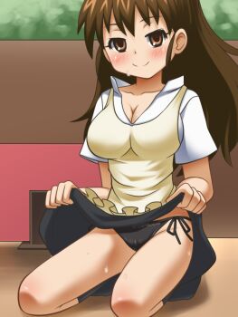 1girl alternate_hairstyle awa blush breasts brown_eyes brown_hair cleavage clothes_lift long_hair naughty_face panties pantyshot side-tie_panties sitting skirt skirt_lift smile sweat taneshima_popura tsurime underwear waitress working!! rating:Questionable score:44 user:internetlovemachine