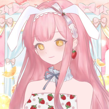  1girl animal_ear_hairband animal_ears bare_shoulders belt blue_sky bow choker closed_mouth cloud day dot_nose dress ear_bow earrings fake_animal_ears fanfanjiadeayuanjiang floppy_ears food food-themed_earrings food-themed_hair_ornament food_print food_themed_earrings frilled_choker frills fruit fruit_print grey_bow grey_choker grey_ribbon hair_ornament hairband happy highres indoors jewelry lace-trimmed_hairband lace_trim light_blush long_hair looking_ahead looking_at_viewer neck_ribbon nikki_(nikki) nikki_(series) nikki_up2u orange_(fruit) orange_slice pink_belt pink_hair polka_dot polka_dot_dress print_dress rabbit-shaped_pupils rabbit_ear_hairband rabbit_ears ribbon single_sidelock sky smile solo sparkle strapless strapless_dress strawberry_earrings strawberry_hair_ornament strawberry_print symbol-shaped_pupils upper_body very_long_hair wavy_hair white_dress white_hairband window yellow_eyes yellow_pupils 