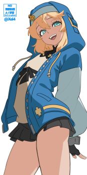 1boy androgyne_symbol androgynous artist_name black_skirt blonde_hair blue_eyes blue_hood bridget_(guilty_gear) commentary guilty_gear guilty_gear_strive highres medium_hair miniskirt open_mouth simple_background skirt smile solo standing teeth trap twitter_username upper_teeth_only watermark white_background xel4 rating:General score:57 user:danbooru