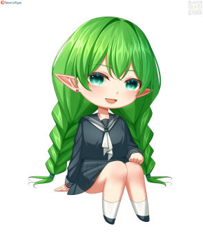  1girl :d absurdres black_sailor_collar black_serafuku black_shirt black_skirt braid chibi collarbone commission commissioner_upload ear_piercing earrings elf euphemy_sylvaine full_body green_eyes green_hair hair_between_eyes highres jewelry long_hair long_sleeves looking_at_viewer lori_hagami neckerchief official_art open_mouth piercing pleated_skirt pointy_ears qr_code sailor_collar school_uniform serafuku shirt shoes simple_background sitting skirt smile socks solo stud_earrings twin_braids twintails very_long_hair ways_of_darkness_(series) white_background white_neckerchief white_socks 