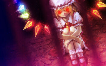  1girl ascot blonde_hair cobblestone commentary_request crystal_wings flandre_scarlet frilled_sleeves frills full_body glowing glowing_eyes grin iron_bars looking_at_viewer misaki_(kyal_001) multicolored_wings on_ground puffy_short_sleeves puffy_sleeves rainbow_order red_eyes red_shoes red_skirt red_vest shirt shoes short_hair short_sleeves sitting skirt smile socks solo touhou vest white_shirt white_socks wings yellow_ascot 