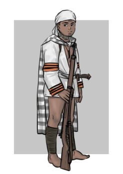  1boy arisaka bandana barefoot black_eyes black_hair bolt-action_rifle bolt_action cloak dark-skinned_male dark_eyes dark_skin framed gun gun_sling highres hilt holding holding_gun holding_weapon jewelry mardjan necklace original rifle seediq seediq_warrior taiwan taiwan_(nationality) tribal tribal_clothes tribal_mark weapon 