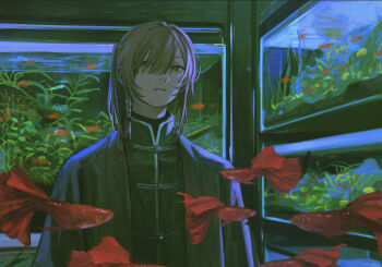  1boy absurdres braid braided_sidelock chinese_clothes commission dark_room expressionless fish fish_tank foliage goldfish highres indoors jacket jewelry looking_to_the_side male_focus mandarin_collar mole mole_under_mouth necklace original ponytail rit3set skeb_commission swept_bangs tangzhuang upper_body 