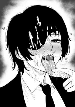  1girl absurdres black_hair blush chainsaw_man collared_shirt commentary_request cum cum_in_mouth cum_on_body cum_on_eyewear cum_on_fingers cum_on_hair cum_on_tongue eyepatch facial greyscale heart highres himeno_(chainsaw_man) jacket kaiman_garupan loving_aura monochrome necktie nose_blush nose_bubble open_mouth portrait shirt short_hair solo stray_pubic_hair tongue tongue_out white_background 