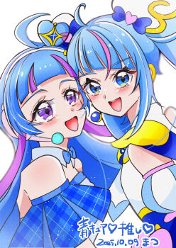  2girls ahoge aokaze_nana blue_bow blue_bowtie blue_dress blue_eyes blue_hair bow bowtie color_connection cure_sky cure_wink dated detached_collar detached_sleeves dress earclip earrings from_side hair_bun hair_ornament headset heart_hair_bun hirogaru_sky!_precure horoyoitaina in-franchise_crossover jewelry kimi_to_idol_precure long_hair looking_at_viewer magical_girl multicolored_hair multiple_girls pink_hair precure puffy_detached_sleeves puffy_sleeves purple_eyes purple_hair single_earring single_hair_bun sleeveless sleeveless_dress sora_harewataru streaked_hair translated twintails two-tone_dress white_background white_dress wing_hair_ornament 