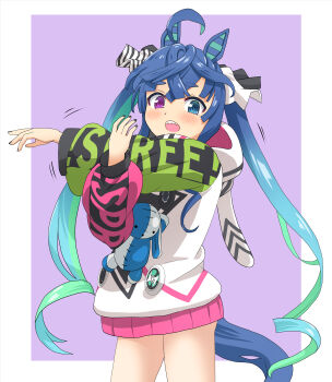  1girl @_@ ahoge animal_ears aqua_hair asymmetrical_sleeves blue_eyes blue_hair blue_tail blush clothes_writing colored_inner_hair commentary_request cowboy_shot cross-body_stretch crossed_bangs double-parted_bangs gradient_hair green_hair green_sleeves haniwa_(leaf_garden) heterochromia highres hood hood_down hooded_jacket horse_ears horse_girl horse_tail jacket long_hair long_sidelocks long_sleeves mismatched_sleeves multicolored_hair multicolored_jacket no_legwear no_pants open_mouth pink_sleeves purple_background purple_eyes raglan_sleeves sharp_teeth sidelocks simple_background solo stuffed_animal stuffed_rabbit stuffed_toy tail teeth thick_eyebrows twin_turbo_(blast_mode!_turbo_engine)_(umamusume) twin_turbo_(umamusume) twintails two-tone_background umamusume very_long_hair very_long_sidelocks 