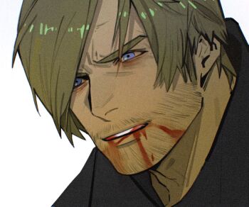  1boy black_shirt blonde_hair blood blood_from_mouth blue_eyes commentary_request facial_hair highres injury leon_s._kennedy male_focus parted_hair resident_evil resident_evil_requiem shirt simple_background smile solo star8848138 white_background 