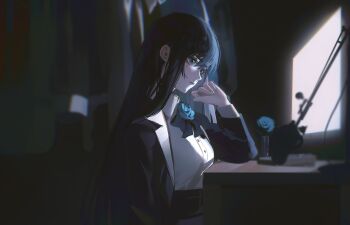  1girl ado_(utaite) black_bow black_bowtie black_hair blue_eyes blue_flower blue_rose bow bowtie chando_(ado) collared_shirt commentary dress_shirt earrings fireraccoon flower highres indoors jewelry long_hair long_sleeves microphone monitor rose shirt sidelocks untranslatable_commentary utaite white_shirt 