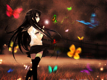 00s 1girl alastor_(shakugan_no_shana) black_hair black_skirt bug butterfly female_focus insect kantoku school_uniform serafuku shakugan_no_shana shana skirt solo thighhighs rating:Sensitive score:5 user:danbooru