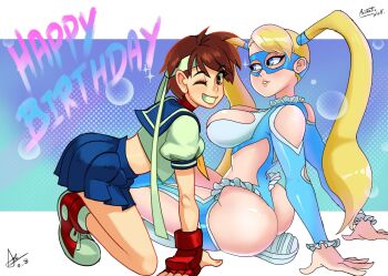  2girls alex_ahad animatic_wolf arm_support artist_collaboration ass blonde_hair breasts brown_hair commentary happy_birthday headband highres huge_ass huge_breasts kasugano_sakura looking_at_another looking_at_viewer miniskirt multiple_girls one_eye_closed padded_gloves pleated_skirt rainbow_mika revealing_clothes sailor_collar school_uniform serafuku shoes skirt smile sneakers street_fighter street_fighter_v street_fighter_zero_(series) twintails untranslatable_commentary white_headband wrestling_mask wrestling_outfit 