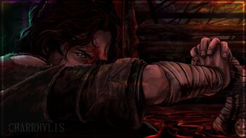  1boy aegyo_sal bandaged_arm bandages black_eyes black_hair blood blood_on_face bloody_bandages charrhylis fine_art_parody furrowed_brow highres iron_lung_(movie) looking_at_viewer narrowed_eyes one_eye_covered own_hands_clasped own_hands_together parody pool_of_blood ripples serious short_hair simon_(iron_lung) solo the_fallen_angel_(painting) torn_clothes tunic upper_body wading wavy_hair 