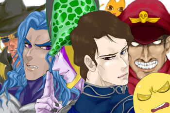  00s 5boys arc_system_works azumanga_daiou barbatos_goetia blonde_hair blue_eyes blue_hair bodysuit brown_eyes brown_hair capcom cell_(dragon_ball) coat colored_skin dark_skin dragon_ball ginga_eiyuu_densetsu glasses guilty_gear hat heterochromia johnny_(guilty_gear) m._bison male_focus mihama_chiyo's_father multiple_boys namco ninin_ga_shinobuden onsokumaru oskar_von_reuenthal purple_eyes purple_skin street_fighter tales_of_(series) tales_of_destiny tales_of_destiny_2 wakamoto_norio 