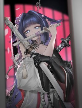  1girl absurdres arknights black_kimono blurry chest_sarashi flower hair_flower hair_intakes hair_ornament hair_wings highres japanese_clothes kimono long_sidelocks looking_at_viewer mebe_(teadia_violet) mio_(arknights) mouth_hold obiage obijime pink_flower sarashi short_sword sidelocks solo split-color_clothes sword tachi_(weapon) two-tone_kimono very_long_sidelocks wakizashi weapon white_kimono 