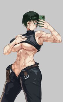  1girl belt black_tank_top breasts burn_scar cellphone clothes_lift green_eyes highres holding holding_phone huge_breasts jujutsu_kaisen multiple_scars muscular muscular_female open_belt open_fly phone podobrick scar scar_across_eye scar_on_arm scar_on_breasts scar_on_face scars_all_over selfie shirt_lift smartphone solo tank_top too_many underboob zen'in_maki zen'in_maki_(post_shibuya) 