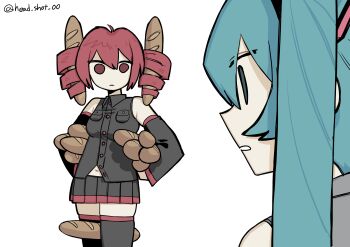  2girls :| ahoge aqua_eyes aqua_hair artist_name bare_shoulders black_shirt black_skirt bread breast_pocket breasts buttons closed_mouth collared_shirt commentary detached_sleeves drill_hair food hair_ornament hatsune_miku highres holding holding_food kasane_teto long_sleeves looking_at_another midriff_peek momoutsu_muni multiple_girls open_mouth pocket red_eyes red_hair shirt simple_background skirt thighhighs twin_drills twintails vocaloid 