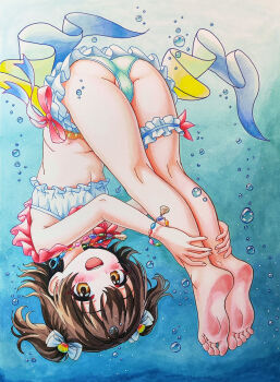 1girl absurdres akagi_miria aqua_bikini ass barefoot bikini blush brown_eyes brown_hair calves flat_chest frilled_bikini frilled_thigh_strap frills full_body hair_ornament highres idolmaster idolmaster_cinderella_girls loli marker_(medium) medium_hair open_mouth partially_visible_vulva shell shell_hair_ornament short_twintails smile soles solmyr2000 solo swimsuit thigh_strap toes traditional_media twintails underwater upside-down