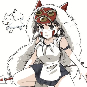  1girl animal armlet black_hair coat collarbone commentary dress eighth_note facial_mark fur_coat highres holding holding_polearm holding_weapon jewelry maaruutaa0 mask mononoke_hime musical_note polearm san_(mononoke_hime) sketch solo squatting weapon white_dress wolf 