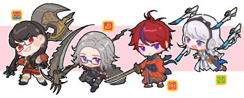  2boys 2girls :d ahoge alternate_costume aotsuki_eito armor axe battle_axe black_cape black_gloves black_hair black_hairband black_streaks box_galaxy braid cape chibi chibi_only chinese_commentary commentary_request earrings evil_grin evil_smile final_fantasy final_fantasy_xiv fingerless_gloves floating floating_object floating_weapon glasses gloves grey_hair grin hairband highres holding holding_axe holding_scythe holding_sword holding_weapon jewelry job_icon_(final_fantasy) katana kirifuji_nozomi long_hair looking_at_viewer multicolored_hair multiple_boys multiple_girls open_mouth purple_eyes reaper_(final_fantasy) red_eyes red_gloves red_hair sage_(final_fantasy) samurai_(final_fantasy) scythe shizuhara_hiruko short_hair smile streaked_hair sumino_takumi sword the_hundred_line_-last_defense_academy- two-tone_hair warrior_(final_fantasy) weapon white_gloves 