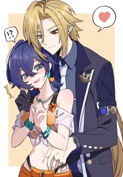  !? 1boy 1girl belle_(summer_skies)_(zenless_zone_zero) belle_(zenless_zone_zero) bikini bikini_top_under_shirt bikini_under_clothes black_gloves blonde_hair blush collared_shirt collared_vest cowboy_shot crossed_bangs gloves gold_ring green_eyes grey_eyes heart hetero heterochromia highres hugo_vlad jewelry lapel_pin long_hair mole mole_under_eye multiple_rings necktie off-shoulder_shirt off_shoulder official_alternate_costume orange_bikini orange_shorts pointy_ears purple_necktie purple_shirt red_eyes ring see-through_clothes see-through_shirt shirt short_hair shorts smile spoken_heart spoken_interrobang susu_310 swimsuit tied_shirt vest white_shirt zenless_zone_zero 