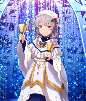  1girl ahoge arch beads bell bell_bow bow bowtie capelet christmas closed_mouth cowboy_shot frown fur-trimmed_capelet fur_trim game_cg green_bow green_bowtie grey_hair hair_ornament hair_rings hands_up hat hat_ornament holding holding_bell holly_hat_ornament long_sleeves medium_hair official_art purple_eyes robe shichinosato_kofuki sidelocks skull_hair_ornament solo sparkle striped_bow striped_bowtie striped_clothes third-party_source toji_no_miko toji_no_miko:_kizamishi_issen_no_tomoshibi white_capelet white_hat white_robe wide_sleeves 