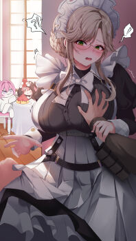  ! !? 2girls :3 absurdres ade_(nikke) apron black_dress blonde_hair blush bow braid breasts bun_with_braided_base chair chu.n clothes_lift cocoa_(nikke) commander_(nikke) commentary creature crossed_legs doro_(nikke) dress dress_lift food glasses goddess_of_victory:_nikke grabbing_another's_breast green_eyes groping hair_between_eyes hair_bow hair_bun hair_ornament highres holding_another's_wrist indoors ketchup ketchup_bottle large_breasts lifting_another's_clothes long_hair long_sleeves looking_at_viewer maid maid_apron maid_headdress multiple_girls nose_blush omelet omurice on_chair open_mouth parted_lips pink_hair pov pov_hands puffy_long_sleeves puffy_sleeves sidelocks sitting solo_focus squeezing standing sweat swept_bangs table triangle_mouth twintails white_bow window 