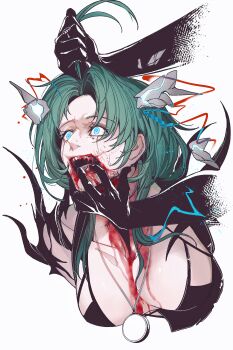  1girl 1other antenna_hair black_gloves blood blood_from_mouth blood_in_mouth blood_on_breasts bloodshot_eyes blue_eyes breasts chinese_commentary collarbone commentary_request cropped_torso curtained_hair elbow_gloves fangs finger_in_another's_mouth gloves grabbing_another's_hair highres holding_another's_hair jewelry kalianabokalisi large_breasts long_hair mantis_(path_to_nowhere) necklace out_of_frame path_to_nowhere ryona simple_background white_background 