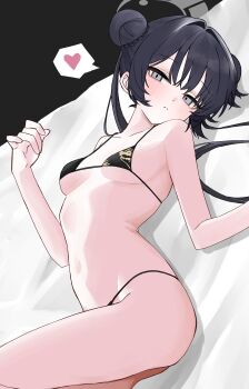 1girl absurdres ass bikini black_bikini blue_archive breasts closed_mouth double_bun grey_halo hair_bun halo heart highres kisaki_(blue_archive) light_blush loli looking_at_viewer lying navel on_back on_bed ritaiya small_breasts solo speech_bubble spoken_heart swimsuit rating:Questionable score:77 user:danbooru