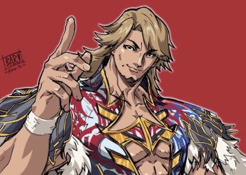  1boy abs beard blonde_hair commentary_request facial_hair long_hair looking_at_viewer mature_male muscular muscular_male new_japan_pro_wrestling oobari_masami signature simple_background smile solo tanahashi_hiroshi upper_body wrestling wrestling_outfit 