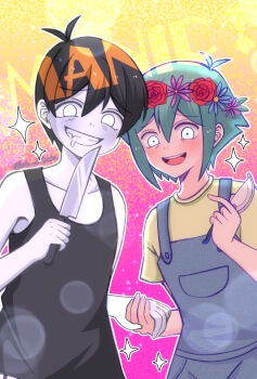  2boys antenna_hair basil_(headspace)_(omori) basil_(omori) black_hair black_tank_top blue_overalls collarbone colored_skin commentary_request evil_grin evil_smile flower flower_wreath gardening_shears green_hair grin hair_behind_ear head_wreath highres hisaho holding holding_hands holding_knife knife looking_at_viewer male_focus multiple_boys omori omori_(omori) open_mouth overalls parted_lips saliva shirt short_hair short_sleeves smile tank_top teeth upper_teeth_only white_eyes white_skin yellow_shirt 