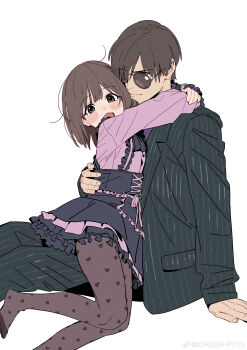  1boy 1girl :d absurdres arm_around_waist arms_around_neck ascot brown_eyes brown_hair brown_pantyhose character_request commentary copyright_request fangs frilled_skirt frilled_sleeves frills from_side hand_on_another's_waist high-waist_skirt highres jacket lolita_fashion looking_at_viewer open_mouth pants pantyhose print_pantyhose purple_shirt ryuuforkaf shirt short_hair side_ahoge simple_background skin_fangs skirt smile striped_clothes striped_jacket striped_pants suit_jacket sunglasses suspender_skirt suspenders untranslatable_commentary vertical-striped_clothes vertical-striped_jacket vertical-striped_pants watermark weibo_username weibo_watermark white_background 