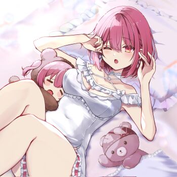  breasts dress halterneck highres hololive houshou_kumarine houshou_marine houshou_marine_(roomwear) large_breasts looking_at_another looking_at_viewer lying official_alternate_costume official_alternate_hairstyle on_back one_eye_closed pillow red_eyes seikosda solo virtual_youtuber white_dress 