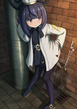  1girl arisu_kazumi belt black_belt black_dress black_eyes black_hair black_pantyhose black_ribbon black_shoes blue_gloves blush brick_wall clothes_lift clothes_pull coat coat_lift dress dress_lift fingerless_gloves gloves grate gwynn_(pokemon) hat leaning_forward long_sleeves looking_to_the_side neck_ribbon nintendo open_clothes open_coat pantyhose pantyhose_pull peeing pokemon pokemon_legends:_z-a pole puddle ribbon sewer_grate shoes short_hair standing steam white_coat white_hat 