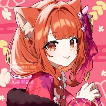  1girl :p animal_ear_fluff braid character_request check_character closed_mouth ear_piercing egasumi floral_print hair_over_shoulder japanese_clothes kimono long_hair long_sleeves looking_at_viewer looking_to_the_side nijisanji ninahachi orange_eyes orange_hair piercing pink_background print_kimono ratna_petit red_kimono red_panda_ears smile solo tongue tongue_out virtual_youtuber watermark 