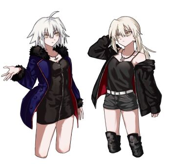  2girls ahoge arm_up artoria_pendragon_(fate) belt black_shorts blue_jacket breasts closed_mouth commentary cropped_legs cross cross_necklace dress fate/grand_order fate_(series) flat_chest fur-trimmed_jacket fur-trimmed_sleeves fur_trim grey_hair hand_up jacket jeanne_d'arc_alter_(avenger)_(fate) jeanne_d'arc_alter_(fate) jeanne_d'arc_alter_(ver._shinjuku_1999)_(fate) jewelry looking_at_another machi_ne medium_breasts medium_hair multiple_girls necklace parted_lips saber_alter saber_alter_(ver._shinjuku_1999) short_dress short_hair shorts single_off_shoulder spaghetti_strap white_belt white_hair yellow_eyes 