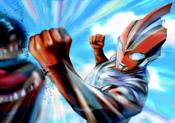  1boy absurdres alien armor battle blue_background blue_eyes breastplate clenched_hands color_timer colored_skin commentary compound_eyes dorsal_fin dugrid emphasis_lines english_commentary giant giant_male glowing glowing_eyes hands_up highres kaiju looking_at_another male_focus mixed-language_commentary monster multicolored_skin no_pupils omega_slugger open_mouth punching red_skin sharp_teeth silver_skin solo_focus teeth thomas_chan tokusatsu toned toned_male tongue two-tone_skin ultra_series ultraman_omega ultraman_omega_(series) upper_body wrinkled_skin 