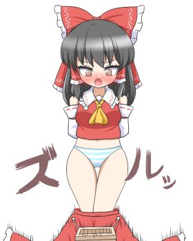  :o accidental_exposure arms_behind_back bare_shoulders black_hair blue_panties blush bow box breasts clothes_pull commentary_request constricted_pupils detached_sleeves donation_box feet_out_of_frame frilled_bow frilled_hair_tubes frills furrowed_brow hair_tubes hakurei_reimu highres huge_bow looking_down medium_breasts medium_hair motion_lines navel no_pants nose_blush panties pants_falling red_bow red_shirt red_skirt ribbon_trim rope shirt skirt skirt_pull skirt_set standing striped_clothes striped_panties surprised thigh_gap touhou translation_request underwear v-shaped_eyebrows white_panties wide-eyed yellow_eyes zenji029 