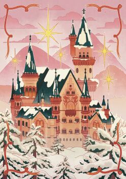  antiquedeuce castle cloud cloudy_sky highres medieval mountain no_humans original outdoors pink_background red_ribbon ribbon sky snow tower tree winter 