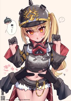  1boy 1girl ? black_gloves black_helmet black_jacket black_shorts blonde_hair blush clenched_hands commentary_request cowboy_shot crop_top cutoffs denim denim_shorts edajima_denki gloves pinching_another's_belly hair_between_eyes half_gloves hands_up helmet highres jacket lighter_(zenless_zone_zero) long_hair looking_at_viewer luciana_de_montefio midriff navel orange_eyes pinching_another's_belly pov pov_hands qr_code short_shorts shorts side_ponytail simple_background solo_focus sparkling_eyes speech_bubble spoken_character spoken_question_mark stomach sweatdrop thigh_gap translated tsurime v-shaped_eyebrows very_long_hair yellow_background zenless_zone_zero 
