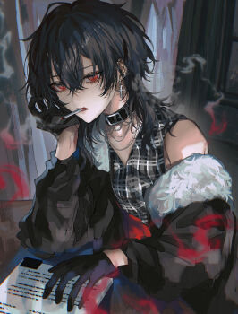  1girl androgynous arm_support asano_(kazusasn) belt_collar black_coat black_collar black_gloves black_hair cigarette coat coat_partially_removed collar commentary commission cross cross_earrings earrings gloves grey_shirt hair_between_eyes highres indoors jewelry leaning_on_table medium_hair open_mouth original paper piercing pixiv_commission plaid_clothes plaid_shirt red_eyes shirt single_bare_shoulder sitting smoke solo upper_body wolf_cut 